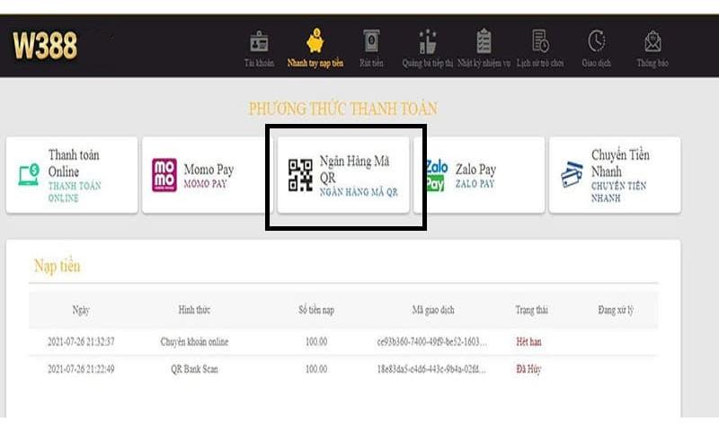 Nạp tiền W388 dễ dàng.